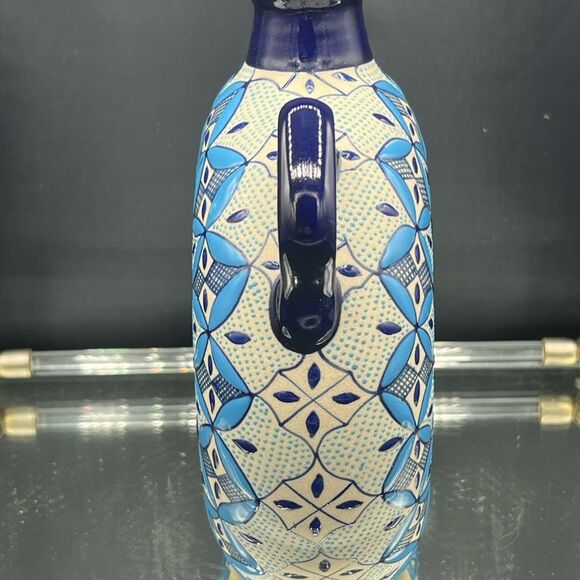 VTG Javier Servin signed Blue Majolica Floral Ceramic Flask - Picture 4 of 8